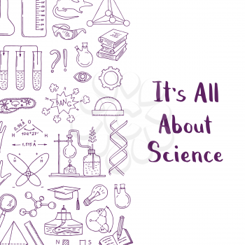 Vector banner and poster with sketched science or chemistry elements background with lettering and place for text illustration