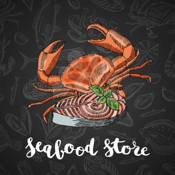 Vector hand drawn colored seafood elements composition on dark gradient background with lettering for seafood store or restaurant illustration. Seafood restaurant, salmon and oyster