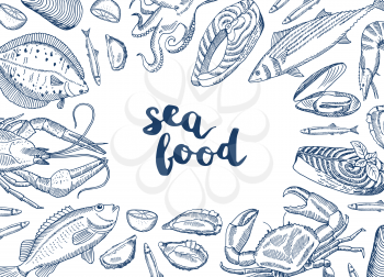 Vector background illustration with hand drawn seafood elements gathered around lettering