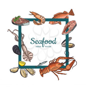 Vector hand drawn seafood elements flying around bold empty frame illustration