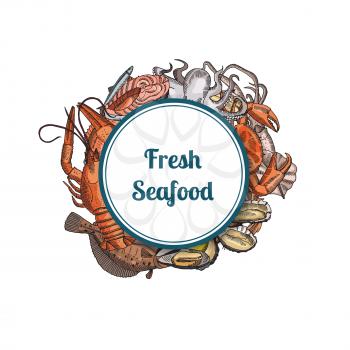 Vector hand drawn seafood elements under framed circle with place for text illustration