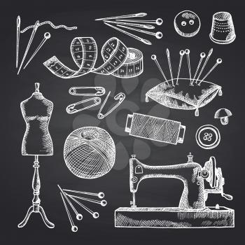 Vector set of hand drawn sewing elements on black chalkboard illustration. Tools for hand work and sew