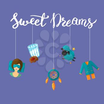 Vector background with cartoon sleep elements hanging on thread on lettering illustration