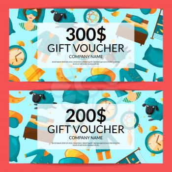 Vector gift voucher or discount card template of set with cartoon sleep elements illustration