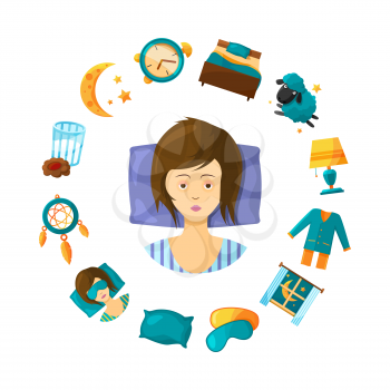 Vector sleeping disorder concept illustration with cartoon sleep elements around nonsleeping woman person