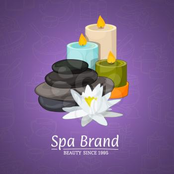 Vector illustration with cartoon beauty and spa elements and place for text on gradient background. Flower and stone, flora and candle