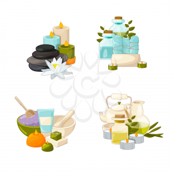 Vector set of cartoon beauty and spa elements piles illustration. Oil care, flower and candle, organic leaf and cosmetic for relaxation