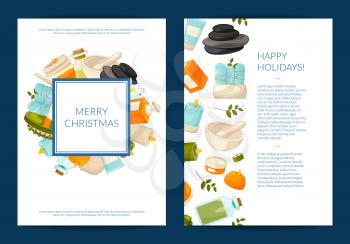 Vector card or flyer templates set with cartoon beauty and spa elements with place for text illustration