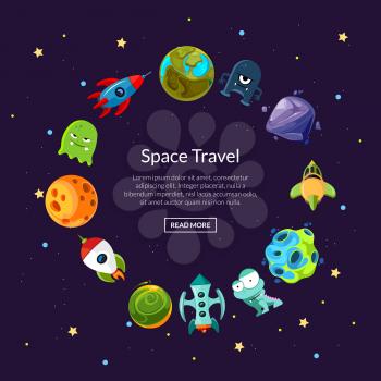Vector cartoon space planets and ships in circle form with place for text in center illustration