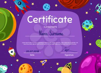 Vector children diploma or certificate template with with cartoon space planets and ships illustration