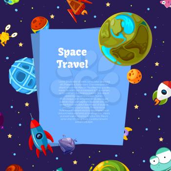 Colored banner vector background with place for text with cartoon space planets and ships illustration