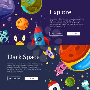 Vector horizontal web banners poster illustration with cartoon space planets and ships