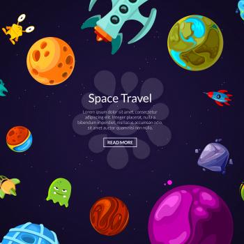Vector banner and poster background with place for text with cartoon space planets and ships illustration