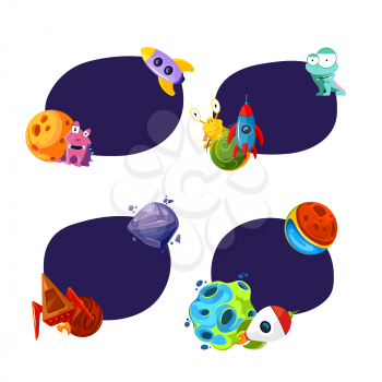 Vector set of stickers with place for text with cartoon space planets and ships illustration