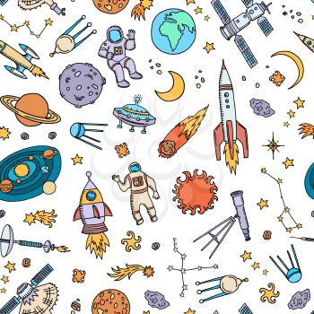 Vector hand drawn space elements background or pattern illustration. Rocket in space, planet and ufo, spaceship and asteroid