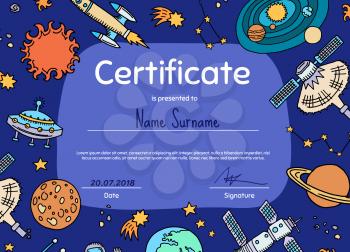 Vector diploma or certificate for children with hand drawn space elements planets and rocket illustration