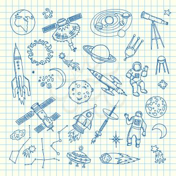 Space doodle elements. Vector hand drawn space shuttle and meteor elements on cell sheet illustration