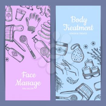 Vector hand drawn spa elements bathtub and bottle, vertical web banners illustration