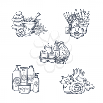 Vector hand drawn spa elements piles of set illustration isolated on white