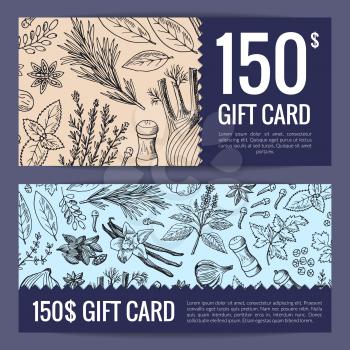 Vector hand drawn herbs and spices discount or gift card voucher templates illustration