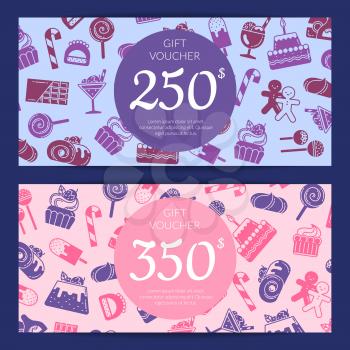 Vector flat style sweets icons voucher discount template for pastry shop or confectionary illustration