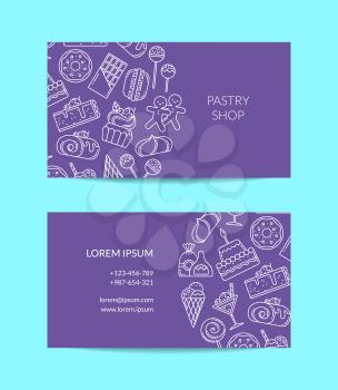 Vector business card template with linear style sweets icons for pastry shop or sonfectionary or cooking classes illustration