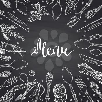 Vector menu background on black chalkboard illustration with hand drawn tableware and food elements, spices with place for text in center. Black white design with spoon and fork