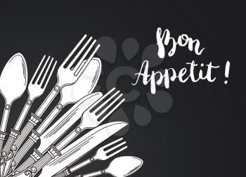 Vector illustration with hand drawn tableware on black gradient background with place for text