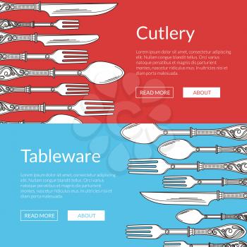 Vector horizontal web banners of set illustration with hand drawn tableware. Fork and spoon