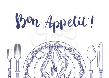 Vector background with place for text and hand drawn tableware with lobster on plate illustration