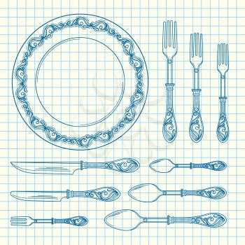 Vector set of hand drawn tableware on cell sheet illustration