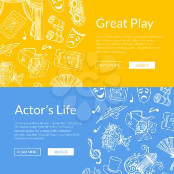 Vector doodle theatre elements set of web banners great play illustration