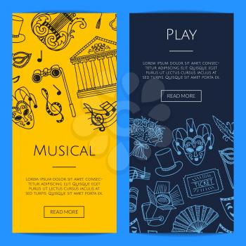 Vector doodle theatre elements vertical web banners or posters concept illustration