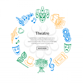 Vector doodle theatre elements in circle form with place for text in center round illustration