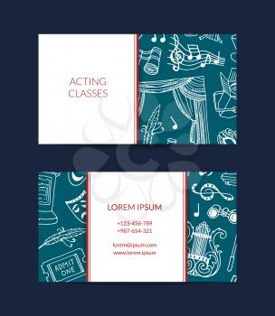 Vector doodle theatre elements business card template for talent agency or acting classes isolated illustration