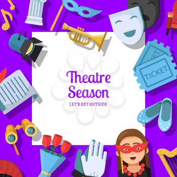 Vector flat theatre icons background with place for text illustration. Banner theater show, mask drama and music performance
