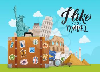 Vector concept illustration with worldwide sights dropping from suitcase on sky background with lettering. Sightseeing liberty statue and coliseum