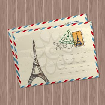 Vector vintage style letters with eiffel tower, marks and stamps of france and place for text on wooden texture background illustration
