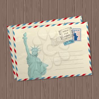 Vector vintage style letters with the statue of liberty, marks and stamps of usa and place for text on wooden texture background. Postcard with landmark postmark illustration