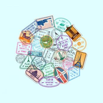 Vector world immigration and post stamp marks gathered in circle illustration