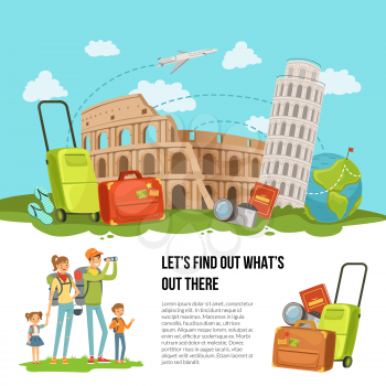 Vector concept illustration with pile of italian sights, baggage and other travel elements with happy family with two kids and place for text