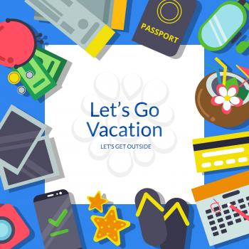 Vector flat travel elements background illustration with place for text in center. Travel and tourism, vacation holiday