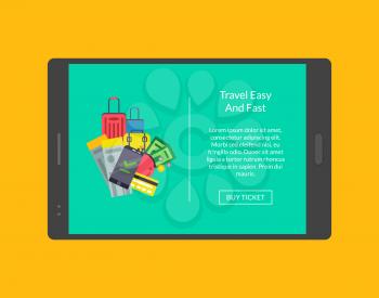 Vector concept illustration of webpage for tablet with pile of flat travel elements and place for text