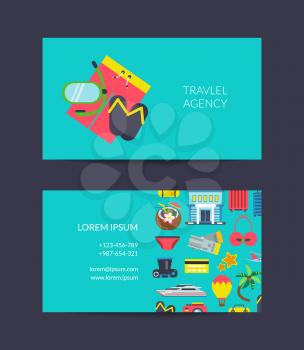 Vector flat travel elements business card template for travel agency or travel and vacation equipment shop illustration