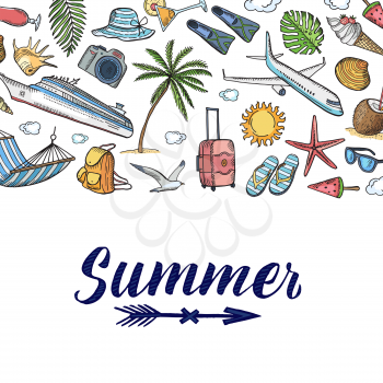 Banner and poister vector hand drawn summer travel elements background with place for text illustration