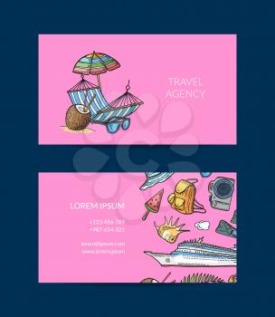Vector colored hand drawn summer travel elements business card template for travelling agency illustration