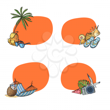 Vector hand drawn summer travel elements stickers set with place for text illustration isolated on white background