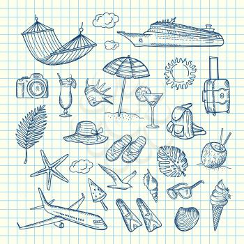 Vector hand drawn summer travel elements on cell sheet illustration