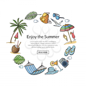 Vector hand drawn summer travel elements in circle form with place for text in center illustration
