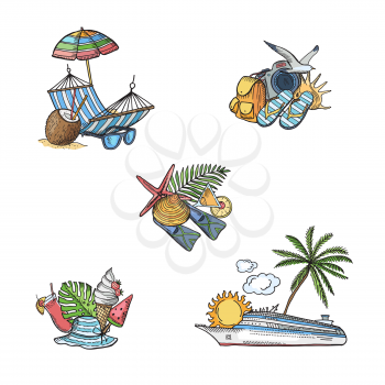 Vector hand drawn summer travel elements illustration. Holiday with umbrella and ice cream, cocktail and fins